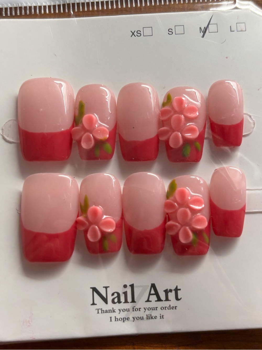 Pink Floral French Tip Press-On Nails with 3D Accents